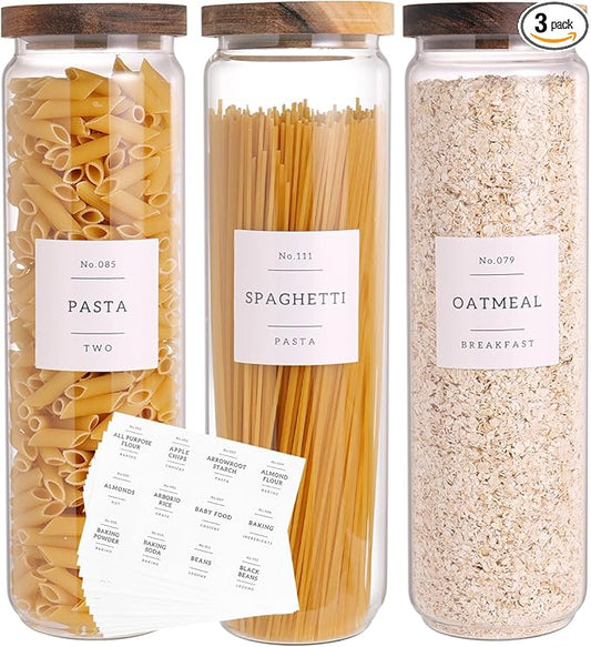 CZZGSM 3 Set Glass Pantry Storage Jars with Acacia Airtight Lid - 50oz Thicken Glass Kitchen Canisters with 132 Pantry Labels - Tall Food Storage Containers with Wood Lid for Pasta,Spaghetti,Cereal