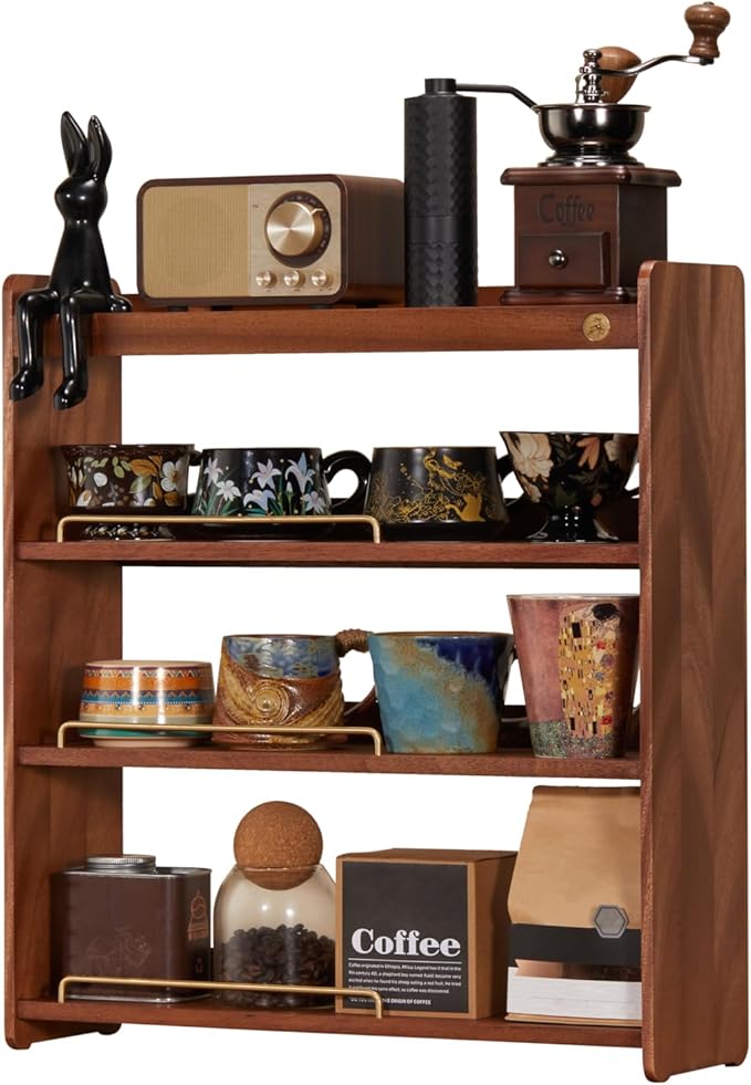 Wooden Cup Holder 4 Tier Walnut Wooden Shelf Organizer Coffee Station Organizer for Kitchen Home