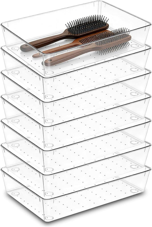 7Pack Desk Drawer Organizers, 6"*9" makeup acrylic drawer organizer trays for vanity, bathroom, office, nightstand, junk for kitchen drawer, Versatile plastic drawer divider storage bins