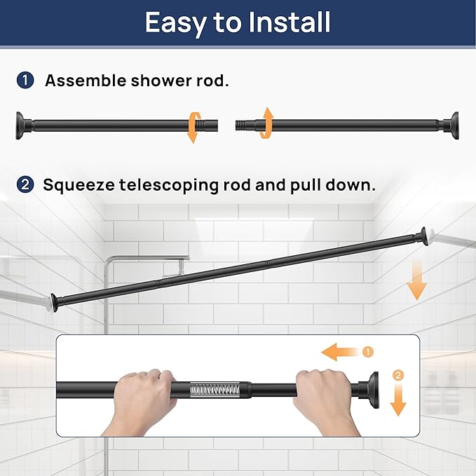 ENJOYBASICS Matte Black Shower Curtain Rod 30 to 88 Inches, 1 Inch Stainless Steel Adjustable Spring Tension Rods No Drill for Bathroom, Closet, Window, Room Divider, Never Rust, Non Slip
