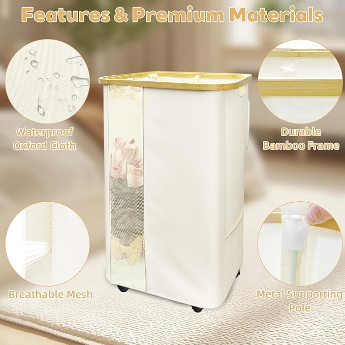 Rolling Laundry Hamper with Lid & Wheels, 110L Slim Double White Laundry Hamper 2 Section, Narrow Large Laundrys Hampers with Removable Bags&Breathable Mesh, Dirty Clothes Hampers for Bedroom
