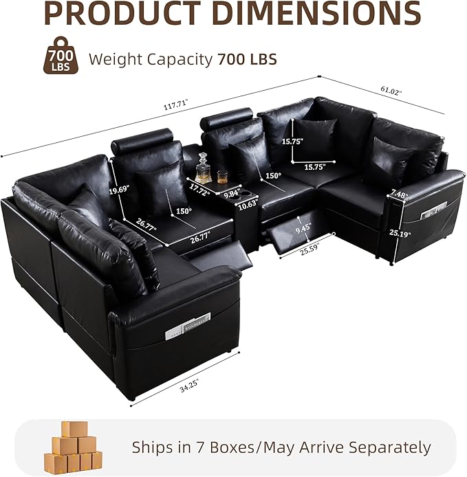 LEVNARY 6-Seat U Shaped Modular Sectional Sofa with Power Recliners, Upholstered Faux Leather Couch Storage Console with Charging Ports & Cup Holders, Living Room Couch Set for Home Office (Black)