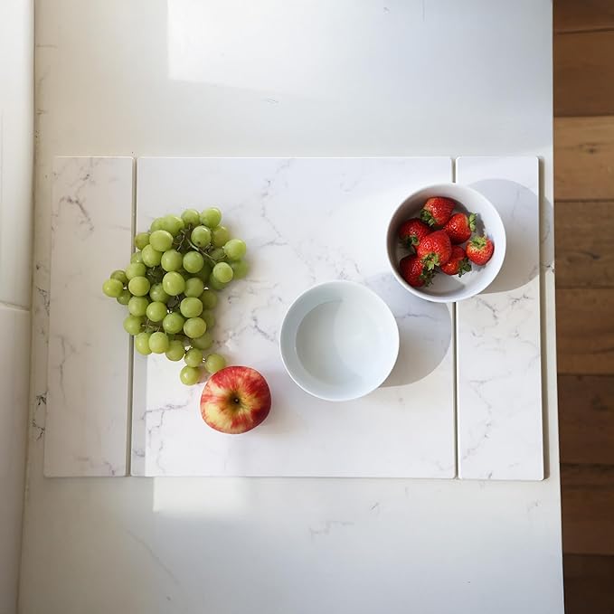 Selegna Collapsible Stone Drying Mat for Kitchen Counter – Tri-Panel Dish Drying Mat Made from Diatomaceous Earth | Quick Dry Diatomite Mat for Sink, Countertop & Dishes (White)