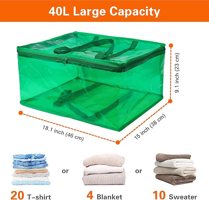 Vieshful Green 40L Clear Clothes Storage Bag Colorful Clothes Organizer with Zipper Vinyl Storage Bag for Comforter, Blanket, Bedding, Duvet, Transparent Moving Totes 3 Pack