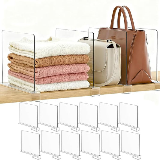 Purse Organizer for Closet Shelf Dividers: 12-Pack Adjustable Clear Acrylic Bag Storage Organizer for Handbags, Sweaters, Towels, Jeans and Shoes on Wood Shelves