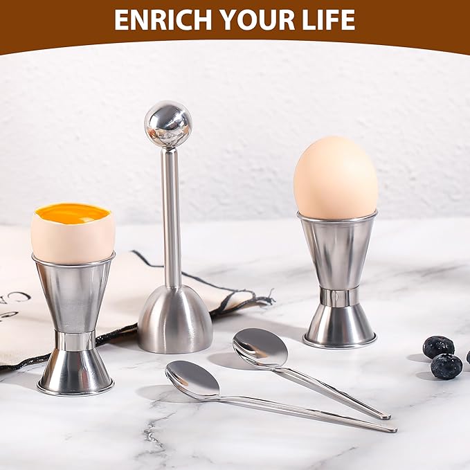Egg Cups For Soft Boiled Eggs Set Of 5 - Includes 1 Stainless Steel Egg Cutter & 2 Egg Spoons & 2 Soft Boiled Egg Holder, Effortless & Precise Cracking - For Breakfast, Afternoon Tea, Parties