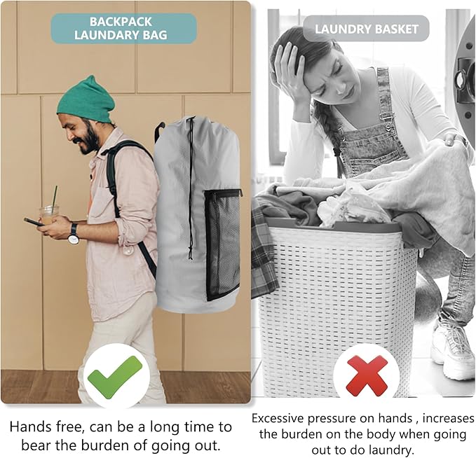 Olosar Laundry Bag Backpack, Extra Large Travel Laundry Bag with Mesh Pocket & Adjustable Shoulder Straps,Dirty Clothes Travel Bag for College Students Dorm,Apartment(Light Gray)