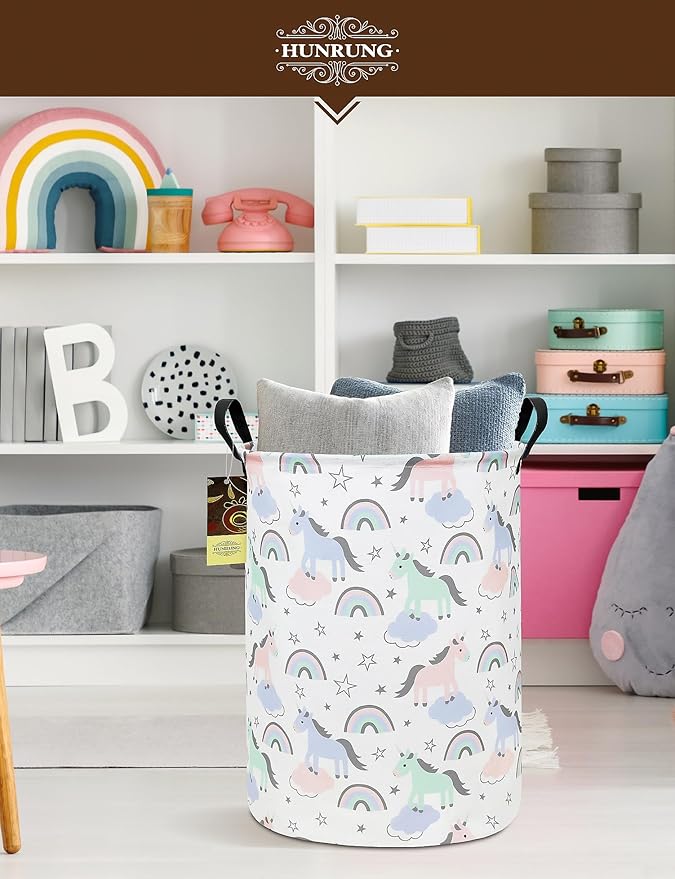 HUNRUNG Collapsible Fabric Storage Basket, Waterproof Laundry Hamper with Handles, Round Storage Bin for Clothes Toys, Foldable Organizer for Bedroom Nursery Bathroom(Round-Star Unicorn)