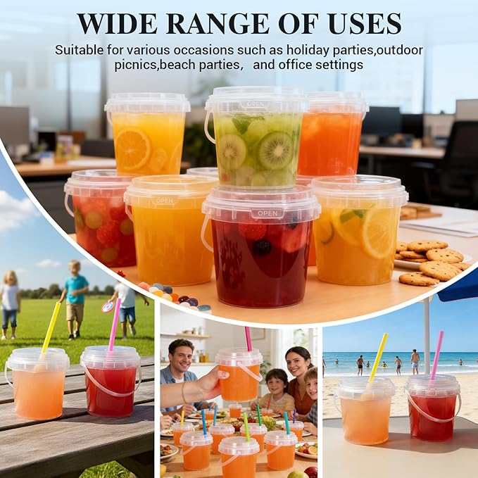 ASEVAT 10 Pack 34oz Clear Plastic Drink Buckets with Dual-Lid System, Reusable 1L Cups with Lids and Straws, Leakproof Bucket Cups for Boba Bubble Tea, Smoothies, Iced Coffee