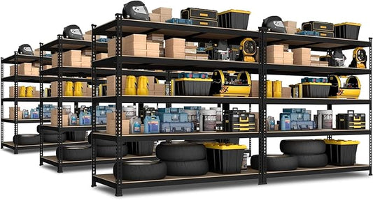 PrimeZone 6 Pack Heavy Duty Storage Shelves - 47"W x 18"D x 71"H 5 Tier Adjustable Garage Storage Shelving, Metal Utility Rack Organizer Shelf Unit for Warehouse Pantry Closet Kitchen Basement, Black