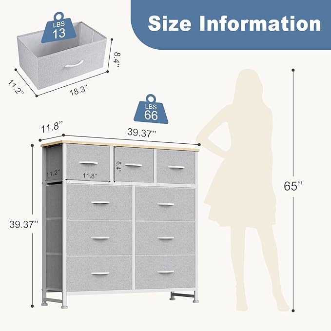 DUMOS 9 Drawer Dresser for Bedroom, Fabric Storage Organizer with Sturdy Metal Frame, Wooden Top Chest of Drawers for Closet Entryway Guest Room,Light Grey