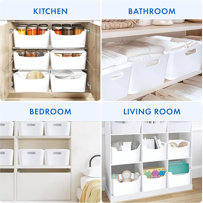 3 Pack Large Plastic Storage Bins with Handles, 13.7x10.2x5.7 Inch Stackable White Organizer Containers for Kitchen, Pantry, Closet, Bathroom, Office, Cabinet, Drawer, Snack, Toy & Makeup Organization