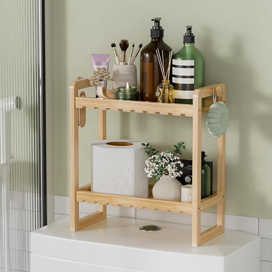 AmazerBath Bamboo Over The Toilet Storage Shelf - 2-Tier Bathroom Organizers and Storage Shelves, 2 in 1 Dual Stable Above Over Toilet Bamboo Shelf Home Storages Rack for Small Bathroom, Space Saver