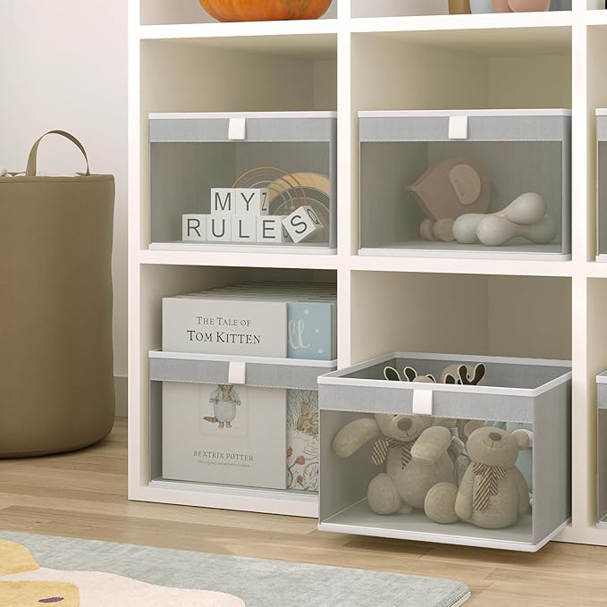 Linen Closet Organizers and Storage, Closet Storage Bins Basket Organizer, Foldable Organization Baskets with Mesh Window for Clothes Towels and Toys, 10.75" x 10.75" x 7.5", Gray, 4 pack