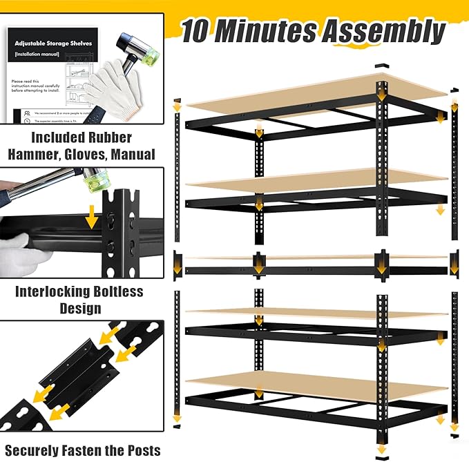 48" W x 24" D x 72" H Garage Shelving Heavy Duty: 5 Tier Metal Storage Shelves - Adjustable Shelving Unit, Utility Rack Shelf for Pantry, Warehouse, Office, Kitchen, Black, 3PCS