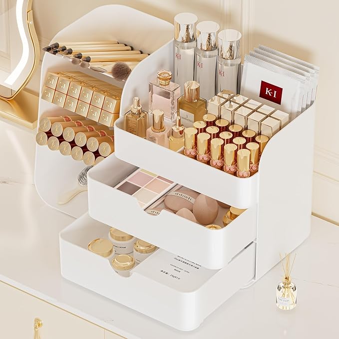Booklov Makeup Organizer for Vanity, Countertop Cosmetic Display Case with Drawer, Bathroom Counter Beauty Caddy, Comfyroom Table Storage Holder for Skincare, Brush Eyeliner Eyeshadow Lipsticks, Creem