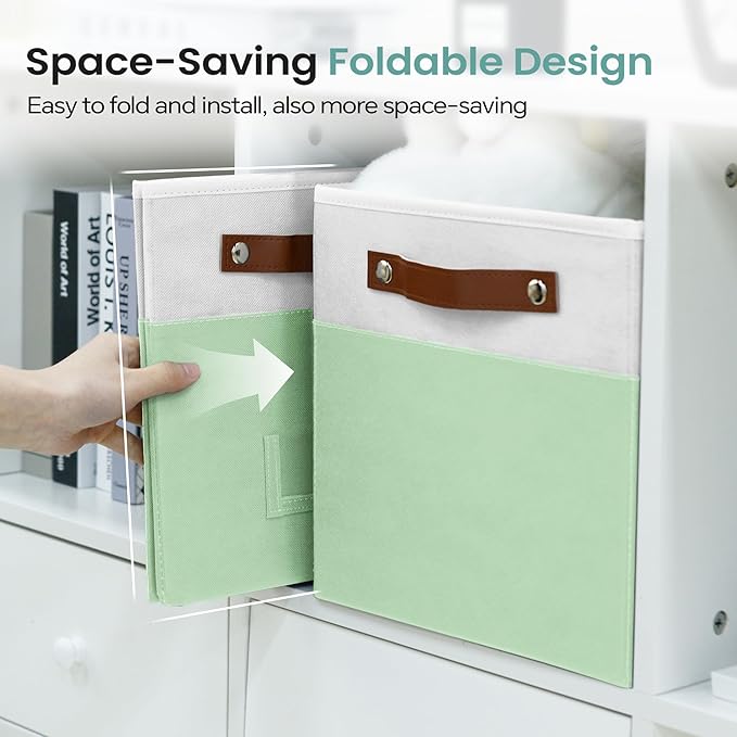 FinishingBo 6-Pack Storage Cubes with Handles & Label Holders Basket, Closet Cube Home Organizer Bins(White/Green, 10.5*10.5*11 inch)