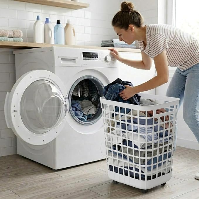 Rolling Laundry Hamper with Smooth-Glide Wheels, 2.6 Bushel Large Capacity Plastic Clothes Basket, Tall Ventilated Open-Top Bin for Easy Access, No Assembly Required Space Saving Storage, White