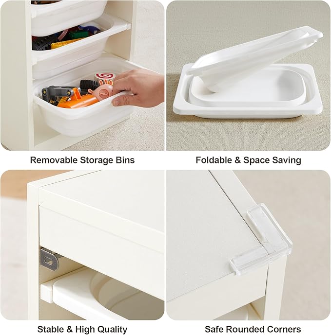 Beright Storage Combination with Bins, Toy Storage Organizer for Kids, Multipurpose Children Cabinet Organizer for Books and Toys with 4 Small Bins, Floor, White