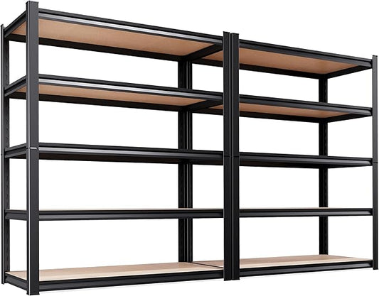 AOARGG Set of 2 Heavy Duty Garage Shelving 5T Storage Shelves, Metal Adjustable Shelving Unit, Utility Garage Organizer Shelf for Basement, Pantry, Kitchen, Warehouse, 19.7" Dx45.6 Wx77.9 H, Black