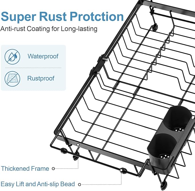 iSPECLE Expandable Dish Drying Rack with Silicone Sink Protector for Kitchen Sink - Heavy Duty Adjustable Over The Sink Dish Drainer, Rust Resistant, Fit for Modern Single & Double Sinks, Black
