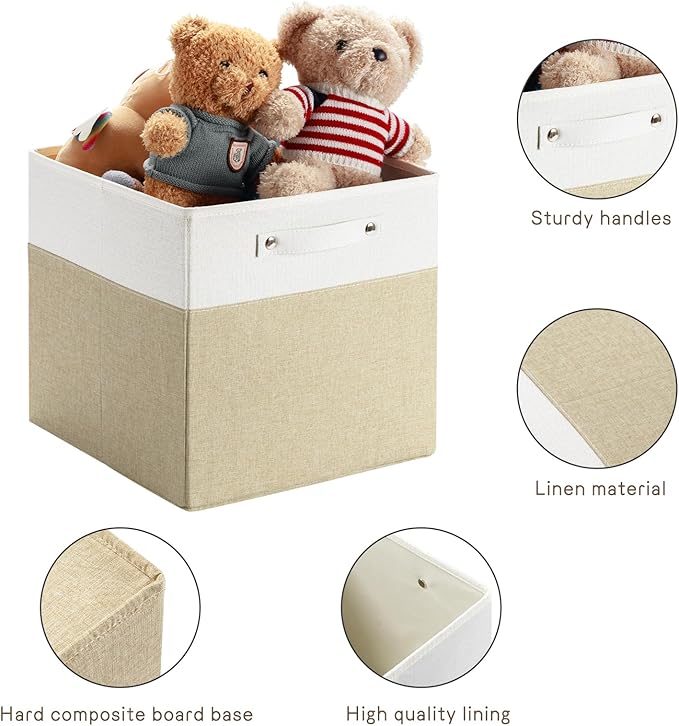 FinishingBo 13 x 13 Inch Fine Linen Storage Bins with Handles，Fabric Cube Boxs，Basket Organizers for Shelves for Home, Closet Drawers (White/Khaki-4 Pack)