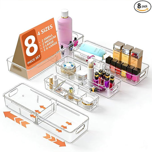 REBECAT 8 Pcs Expandable Clear Drawer Organizers, Adjustable Drawer Organizer Bins with Dividers, makeup organizer for drawer, drawer organizer bathroom for Vanity, Junk Drawer & Office