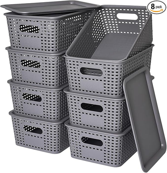 Plastic Storage Baskets with Lid-Plastic Storage Containers Stackable Storage bins: Storage Baskets for Organizing Shelves Drawers Desktop Closet Playroom Classroom Office,8 Pack-Gray10.2x7.2x4.1Inch