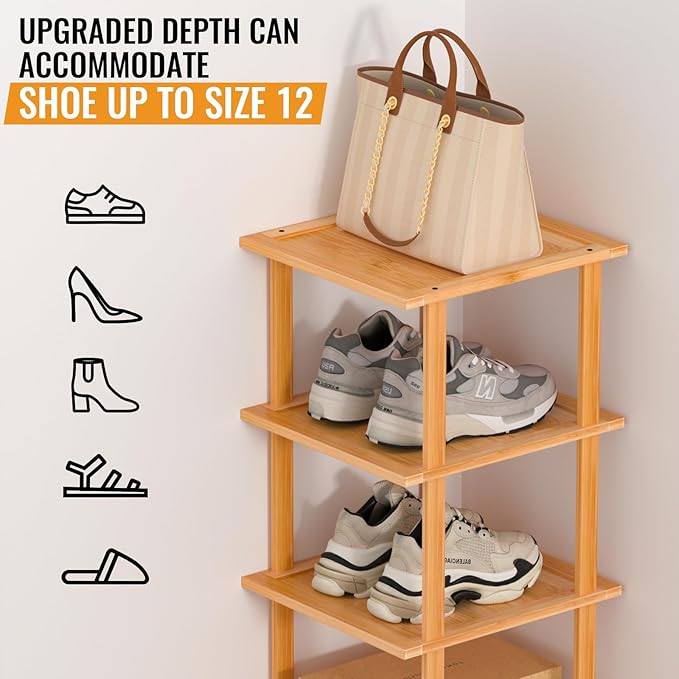 MHXW SXPN Bamboo Free Standing Shoe Rack Shelf Multi Tier Tall Wooden Stackable Shoes Rack Organizer for Closet Front Door Entrance Narrow Vertical Shoe Storage (Nature, 12 Tiers)