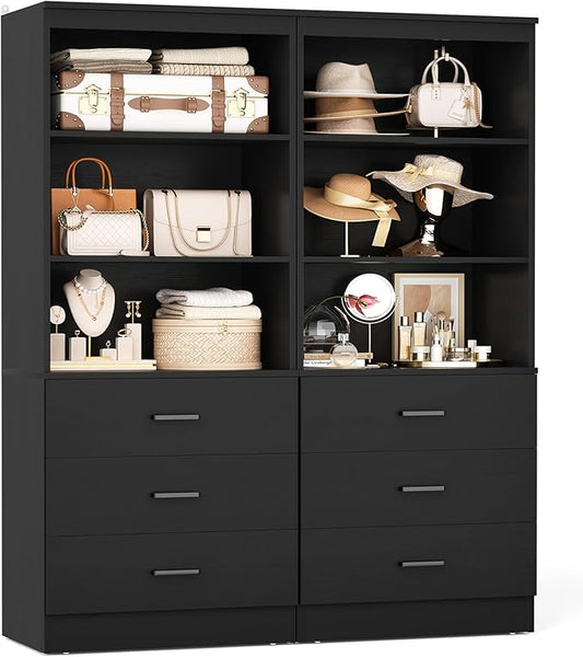 Aheaplus 47.2" Closet Drawers System, 3.94FT Wood Closet Organizer System with 6 Drawers, Modular Small Walk-in Closets Storage Unit, Set of 2, Black (47.2" L x 13.8" W x 71" H)