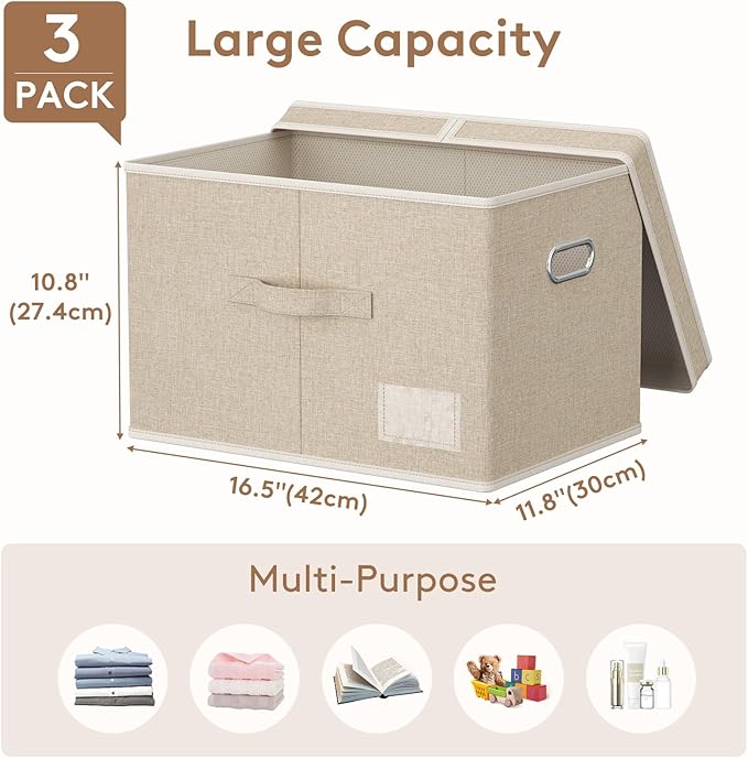 Lifewit Clothes Storage Bins with Lids, Fabric Foldable Storage Boxes with Handles, Decorative Closet Organizer, Stackable Cube Baskets Container for Bedroom, Office, 34.5L Large Beige, 3 Packs