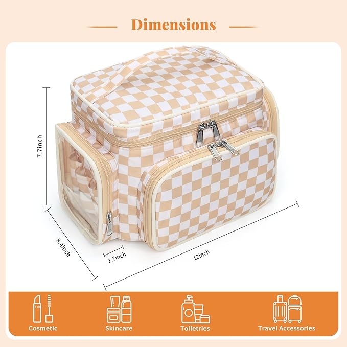 Bagmoly Large Makeup Bag, Portable Travel Makeup Bag Organizer for Women Girls with Makeup Brush Compartment & Two Side Pockets, Cosmetic Travel Bag Vertical Storage Toiletry- Checkerboard