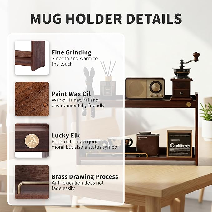 Wooden Cup Holder 2 Tier Walnut Wooden Shelf Organizer Coffee Station Organizer for Kitchen Home