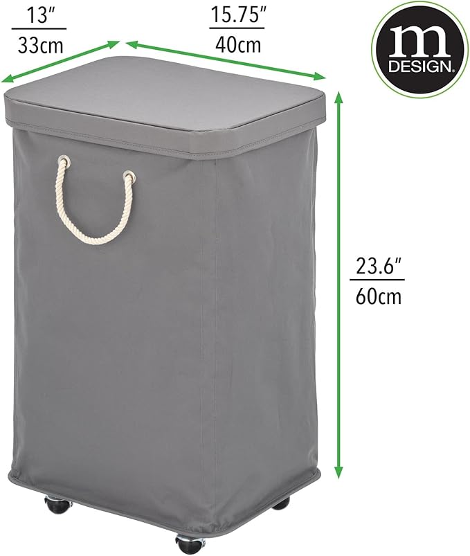 mDesign Large Polyester Rolling Laundry Hamper with Wheels, Removable Lid, and Rope Carrying Handles, Collapsible Hampers with Wheels for Compact Storage, Tall Single Compartment Basket, Charcoal Gray