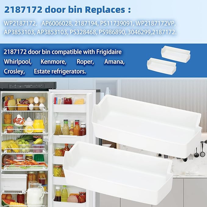 2187172 Door Shelf Bin for Whirlpool Kenmore Amana Frigidaire Fridges Roper Estate Replace WP2187172, AP6006028, 2187194K, PS11739091 AP3853103, AP3853103, PS328468, PS986890, 3046299（2 Pack）