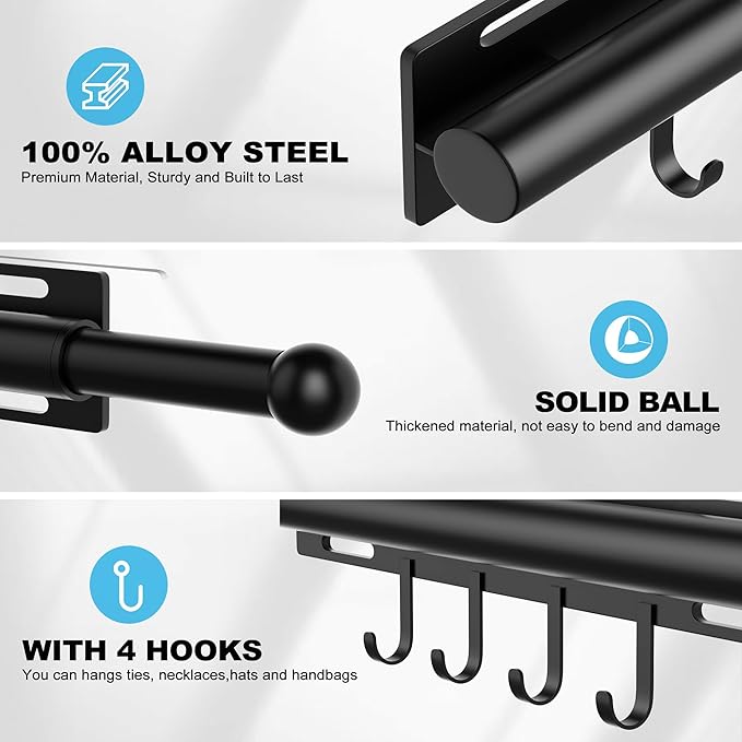 Valet Rod for Closet Retractable with 4 Hooks, 13.4"-23.2" Pull Out Clothes Hanger Rail, Heavy Duty Alloy Steel Side Mount Wardrobe Bar, Adjustable Organizer for Laundry, Bathroom, Entrance (Black)