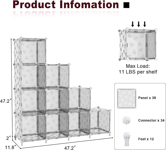 UNKU Cube Storage Organizer, 10 Cube Closet Organizer Storage Shelves, DIY Stackable Bookcase, Clothes Organizer Shelf for Closet, Bedroom, Living Room, Cabinet, Home, Office, Translucent