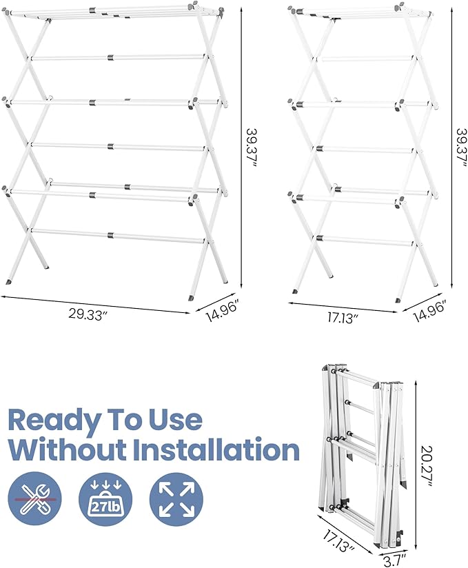 APEXCHASER Clothes Drying Rack Folding - 3 Tier Laundry Drying Rack for Clothes, Expandable Metal Clothing Dryer, Collapsible Towel Rack, Air Drying Rack, White