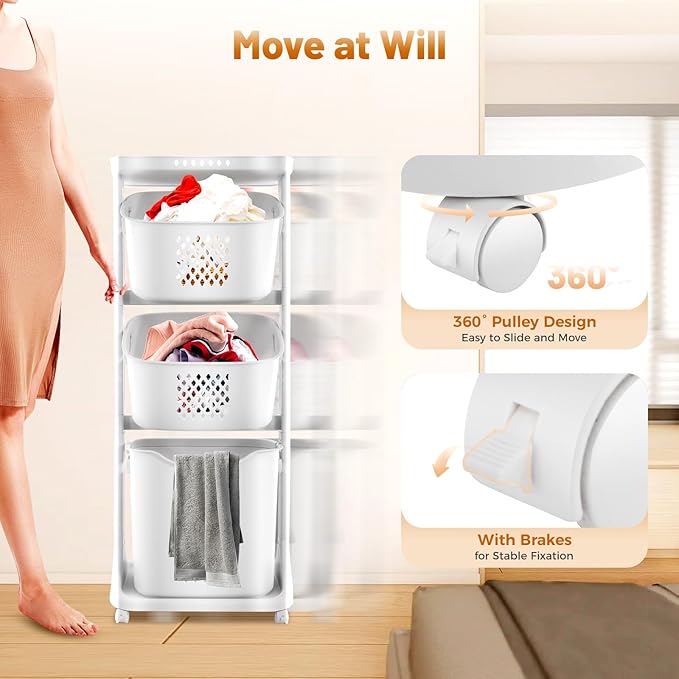Rolling Laundry Hamper Cart With Wheels, 3 Tier White Laundry Baskets Clothes Hamper With Portable Storage Baskets Stackable Laundry Basket System Laundry Rooms 17x13x43in