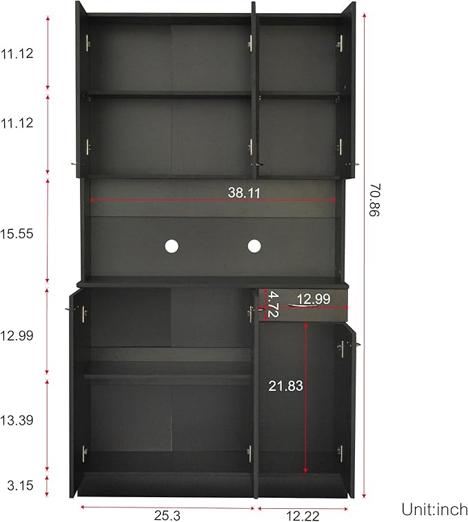 Modern Kitchen Pantry Cabinet, 70.86" Tall Freestanding Cupboard with Multi-Tier Storage Rack and Microwave Stand for Kitchen, Living Room,Black