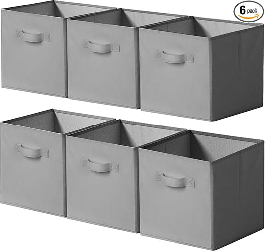 Cupic Cupid 11x11 Storage Cubes, 6 Pack Open Storage Bins with Handles, Storage Cube Organizer for Clothes and Toys, Collapsible Cube Bins for Closet, Shelves, Offices, Gray