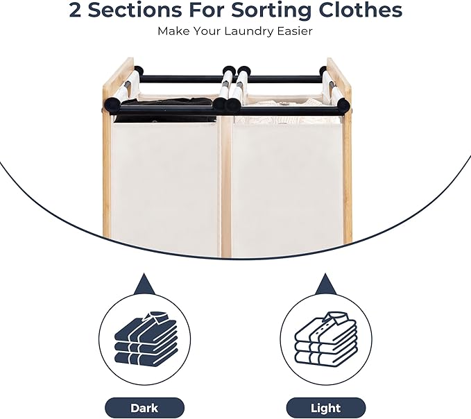 STO STO 2-Section Laundry Sorter with Bamboo Frame, Rolling Laundry Hamper Basket with Removable Bags and Lockable Wheels, Laundry Cart for Clothes Storage in Bedroom & Laundry Room, Beige