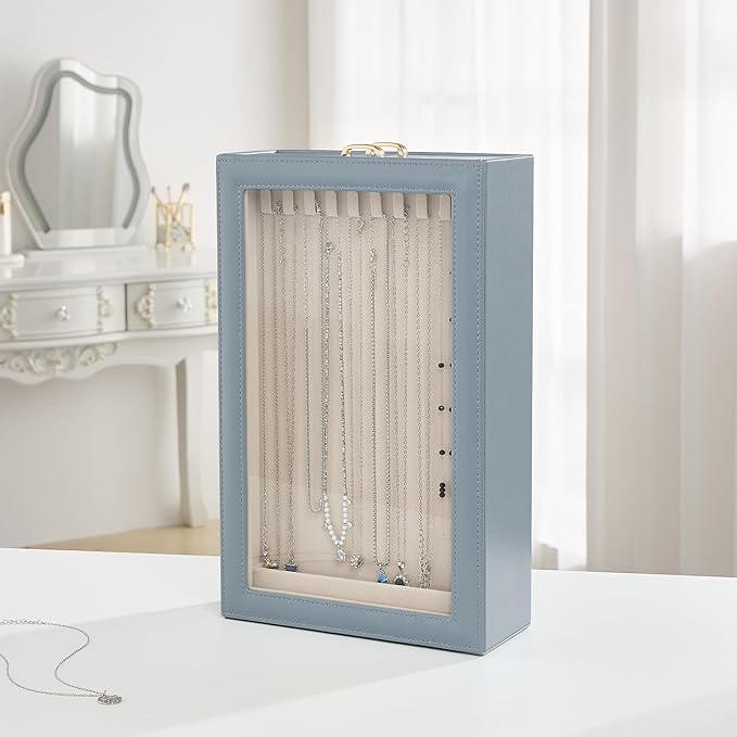 Lolalet Necklace Organizer Box, Jewelry Storage Box with Clear Window for Necklaces Bracelets, Tangle-Free Necklace Display Case for Women Girls, Mothers Day Gift