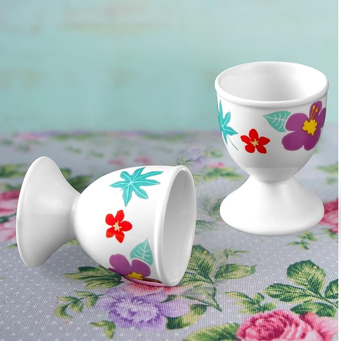 Cinf Ceramic Egg Cups Easter Gift Set of 2 Porcelain Holder Breakfast Boiled Cooking Easy to Clean Childhood Memories Kitchen(Hawaii Flower)