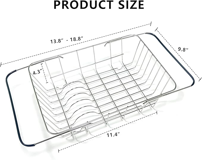 Expandable Dish Drying Rack in Sink or Over The Sink - 18/8 Stainless Steel Dish Rack/Drainer/Strainer/Dishrack for Kitchen Counter or RV - Adjustable, Deep and Large, Rustproof, Black