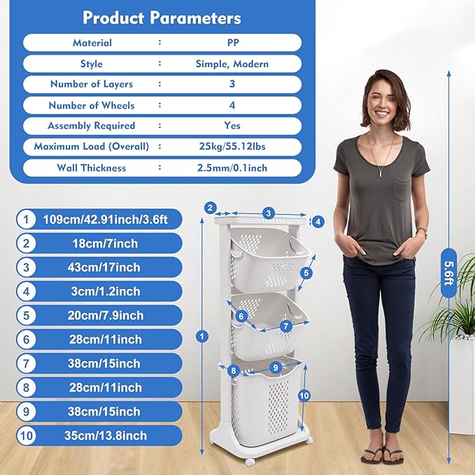 Rolling Laundry Basket, Laundry Hamper 3 Section With Wheels, Detachable Laundry Organizer Clothes Storage Hamper Laundry Sorter for Bedroom Dorm Apartment
