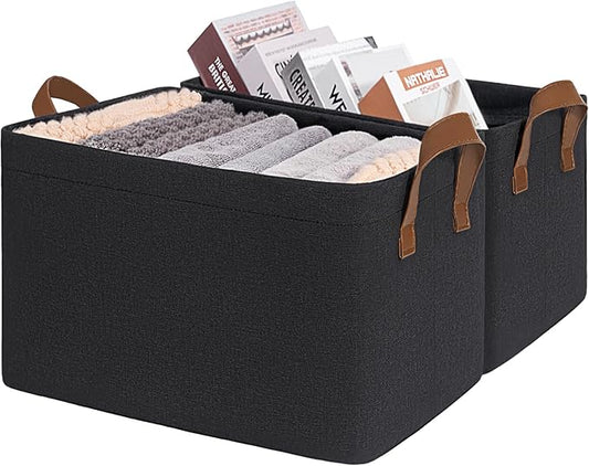 CHICVITA Large Storage Bins for Clothes and Toys, Black Fabric Bin for Living Room, 16 " L x 11" W x 9 " H, 2-Pack