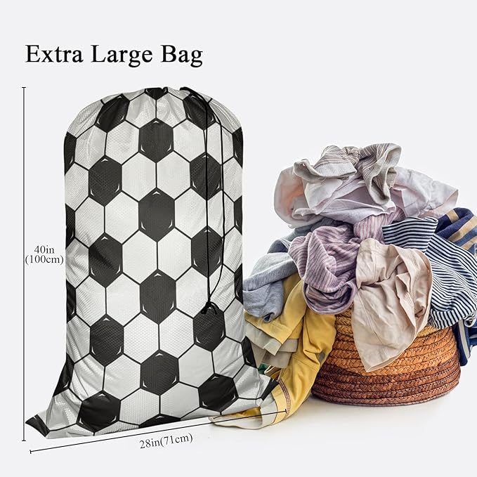 Swono Football Texture Laundry Bags with Locking Drawstring Closure for Travel, Home, Camping and Gym The Model With Black White Soccer 28" x 40", Oxford Cloth