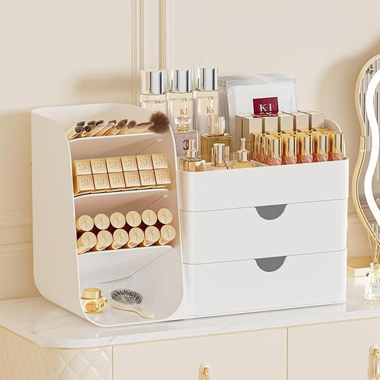 Booklov Makeup Organizer for Vanity, Countertop Cosmetic Display Case with Drawers, Bathroom Counter Beauty Caddy, Comfyroom Table Storage Holder for Skincare, Brush Eyeliner Eyeshadow Lipstick, White
