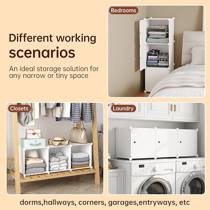 MAGINELS 3 Cube Storage Organizer,Plastic Cabinet with Door.Narrow Cube Clothing Storage Shelves,Closet Organization for Bedroom,White(11.8x11.8inch)